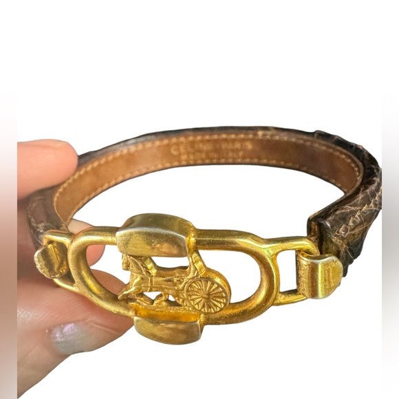 Celine Horse Carriage Leather Wrap Bracelet Bangle brown with Gold Tone Vintage - Picture 3 of 5